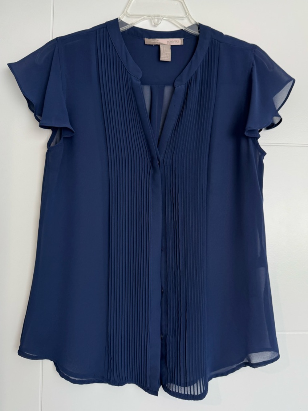 Navy Pleated Flutter Sleeve Blouse